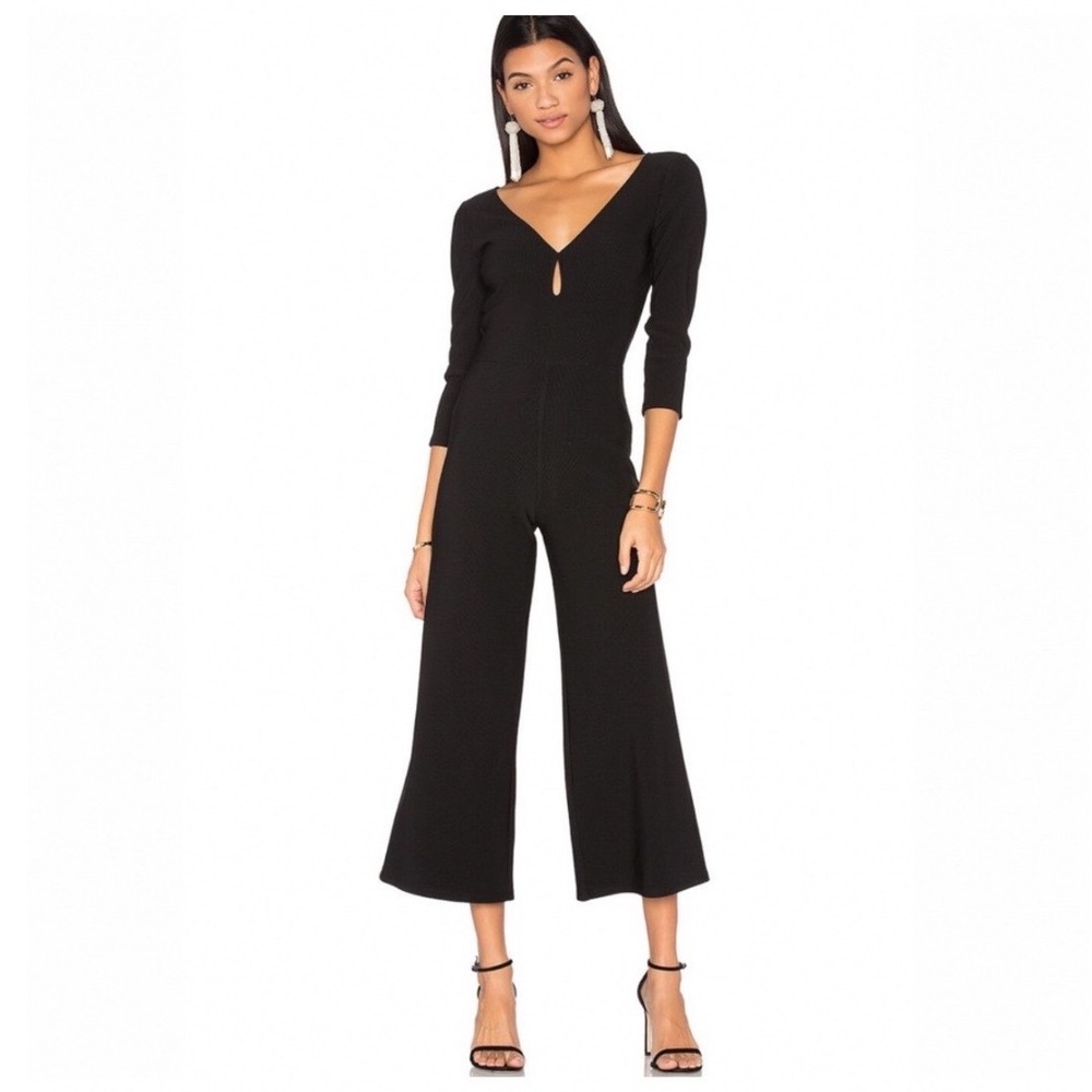 LPA REVOLVE Keyhole Jumpsuit 233 Black Ribbed Knit Wide Leg Large PC960